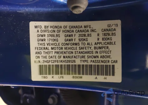 2019 Honda Civic Lx z USA, uszkodzony, nr VIN 2HGFC2F61KH539526